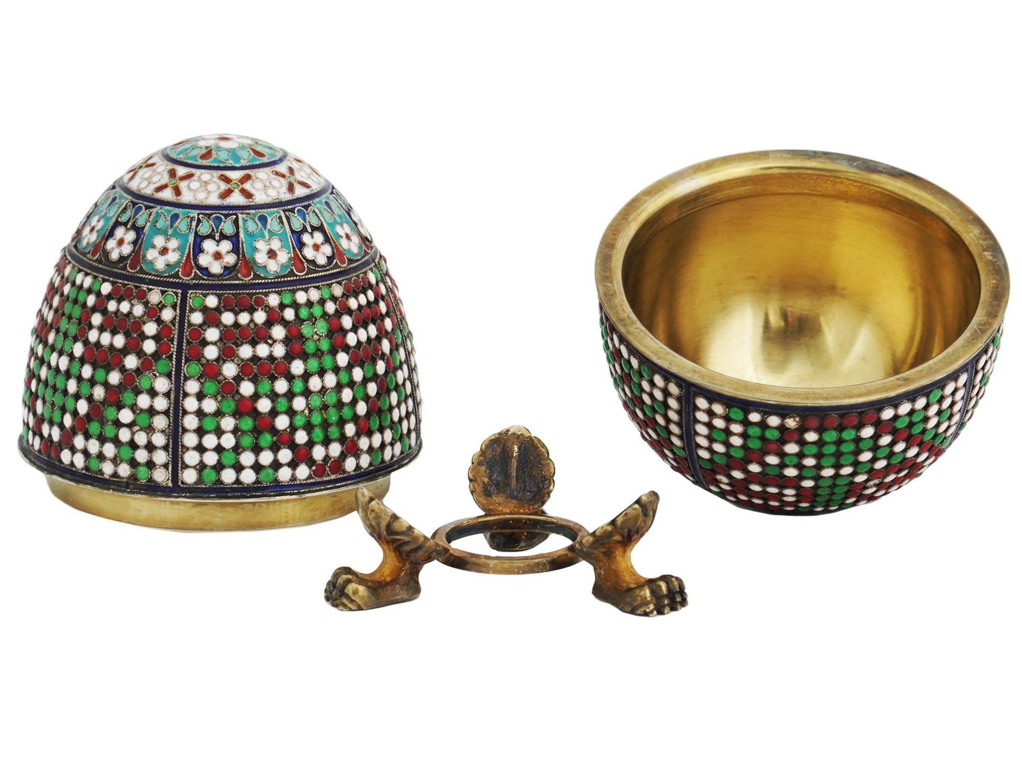 RUSSIAN GILT SILVER ENAMEL EGG CASKET ON STAND PIC-1